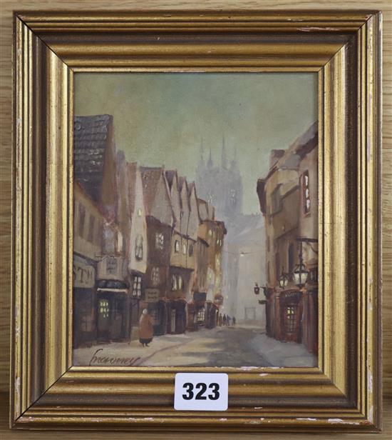 Ken Moroney, oil on board, Continental street scene, signed, 18 x 15cm